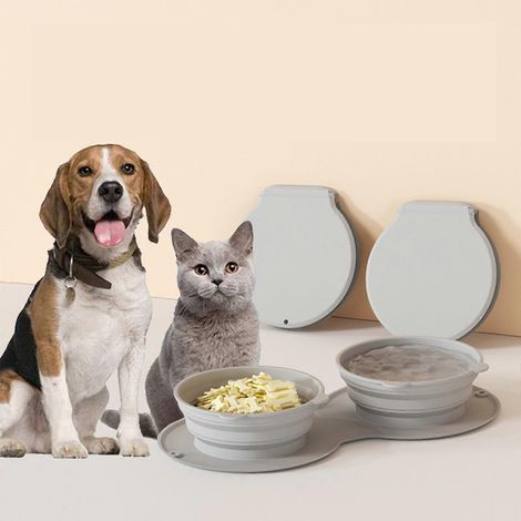 Gamelles de voyage pliables et portables pour chiens et chats, double gamelle pour eau et nourriture, idéales pour les promenades. (1/4)