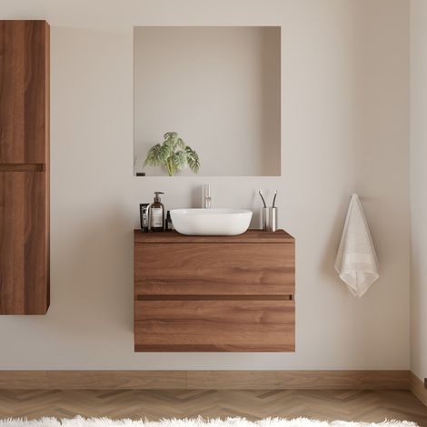 Meuble de salle de bain 70cm avec plateau et vasque à poser arrondie - 2 tiroirs - noyer (bois foncé) - IDA (1/5)