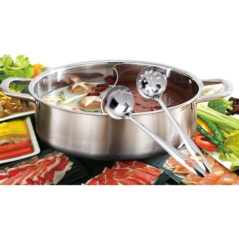 Marmite à shabu-shabu double face en acier inoxydable, 30 cm, avec louche à soupe et passoire. (1/4)