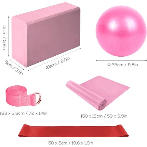 Ensemble 5 pièces accessoire fitness, ballon PVC, bloc mousse, sangle coton, élastique résistance, yoga pilates maison (1/5)