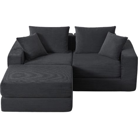 Sofá modular negro de terciopelo acanalado con base antideslizante, 3 plazas (1/5)