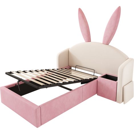 Cama infantil 90x200 cm de terciopelo beige y rosa con almacenamiento hidráulico y mesita (1/5)