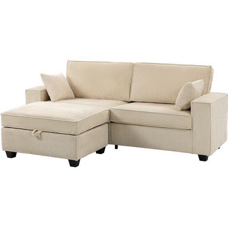 Canapé 3 places pouf rangement angle velours côtelé assise large 2 coussins, beige (1/5)