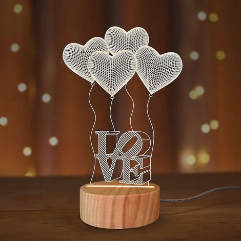 Veilleuse en bois faite à la main, illusion 3D, avec inscription « Je t'aime » (1/5)