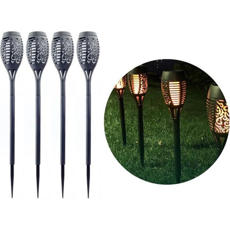 Lot de 4 lampes solaires à 12 LED, effet flamme, pour jardin ou terrasse, étanches. (1/4)