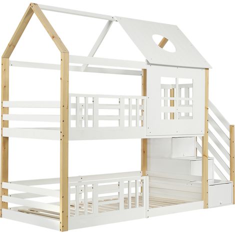 Lit superposé cabane avec escalier de rangement 90x200 cm blanc et naturel MODENUIT (1/5)