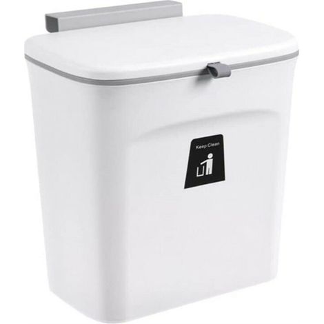 Poubelle Suspendue 9L de Cuisine, Petite Poubelle avec Couvercle et Grattoir pour Portes d'armoires Chambre Bureau Salle de Bain Dortoir à Domicile Blanc (1/5)