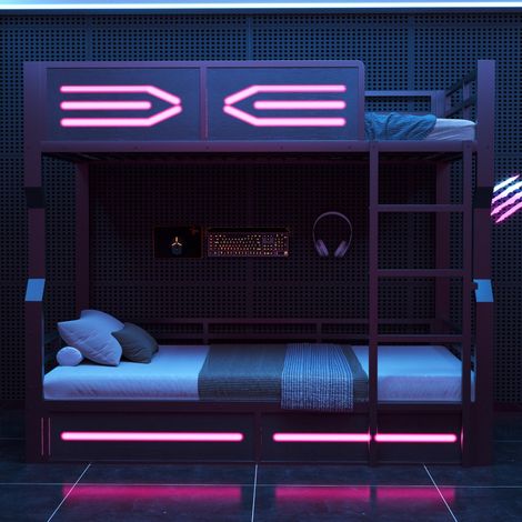 Lit superposé 90x200 cm - avec Éclairage LED Intégré, Design Minimaliste et Garde-corps Hauts - Métal et Bois Noir (1/5)