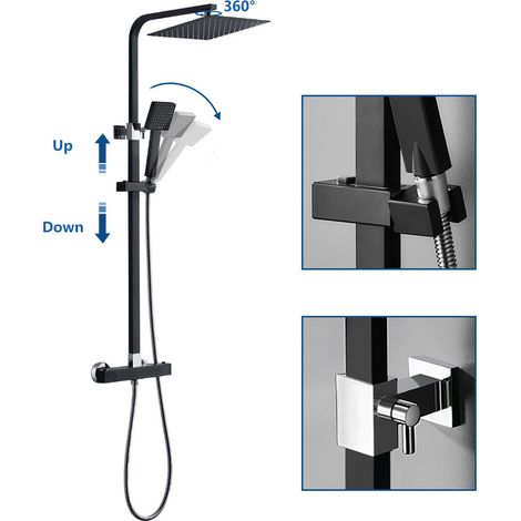 Auralum Élégant Colonne de Douche Thermostatique Noir Ensemble de Douche en Pluie Set de Douche pour Salle de Bain Colonne de Douche Thermostat avec Mitigeur Réglable en Hauteur