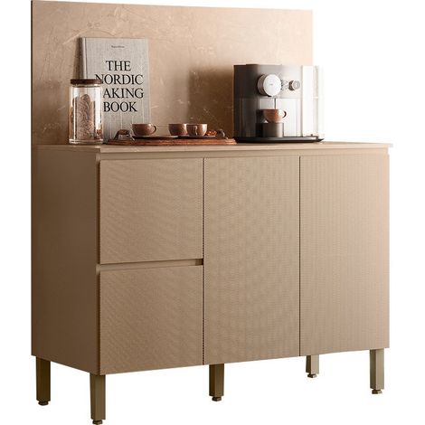 Meuble de Cuisine Bas 3 Portes 2 Tiroirs Taupe et Crédence Marbre L 120 H 91.5 P 53.3 cm