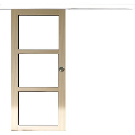 Porte Coulissante Bois Ayous Vitrage Transparent H204 X L83 + Rail Alu Bandeau Blanc Et 2 Coquilles