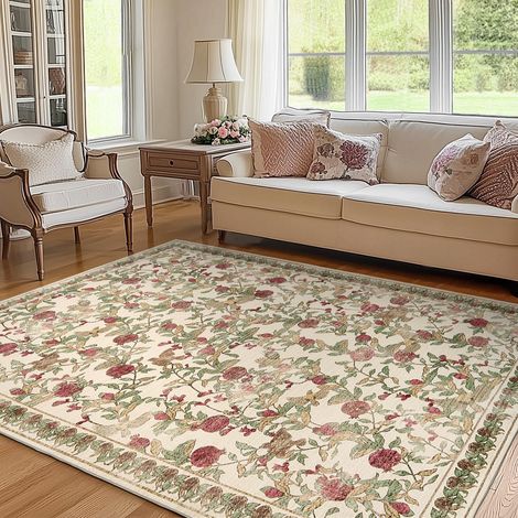 Tapis de salon, lavable, à poils courts, rétro, vintage, rouge/vert, romantique, 120 x 180 cm, antibactérien, pliable, doux, antidérapant, pour chambre à coucher, chambre d'enfant, couloir (1/5)