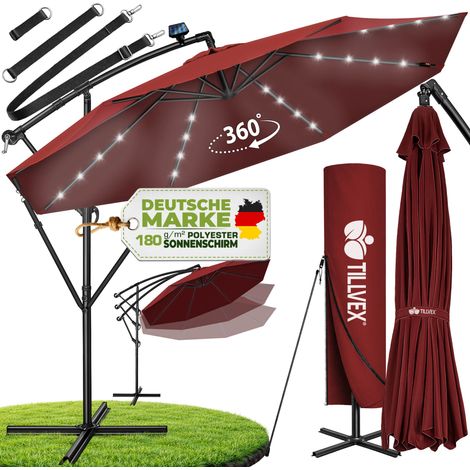 tillvex Ombrellone in alluminio (Rosso) con LED Solar Ø 300 cm con manovella Ombrellone con interruttore on/off e base Ombrellone da giardino in alluminio con protezione UV Ombrellone a manovella