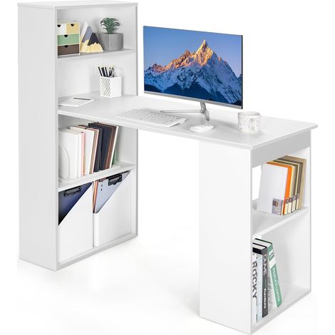 COSTWAY Schreibtisch mit Bücherregal, Computertisch mit 6 Regalen, PC-Tisch mit Regal rechts oder Links, Bürotisch, Arbeitstisch für Zuhause, Büro und Wohnheim, 122 x 56 x 122 cm (Weiß) (1/5)