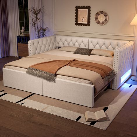 Cama con cama adicional de 90/180x200 cm con iluminación LED, base de láminas, de MDF, sin colchón, beige (1/5)