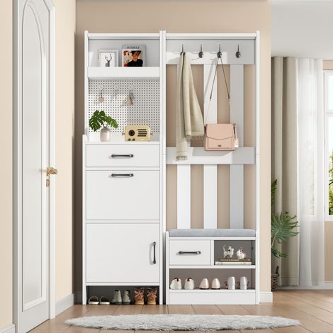 MEUBLIV Recibidor 7 en 1 blanco 110x35x175,5 cm con banco, almacenaje y 7 ganchos (1/5)