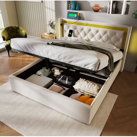 Bett modern 160x200 cm mit Stauraum, LED, USB-C, gepolstertem Kopfteil aus Baumwoll-Leinenstoff, beige (1/5)