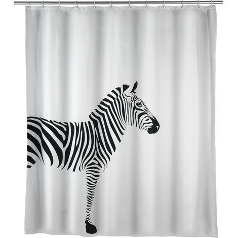 WENKO Anti-Schimmel Duschvorhang Wild, Textil (Polyester), 180 x 200 cm, waschbar, Schwarz, Polyester weiß schwarz (1/5)