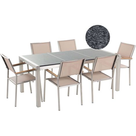 Beliani – Ensemble table et 6 chaises de jardin 180x90 cm – Granit poli résistant aux intempéries – Tissu beige UV – Chaises empilables