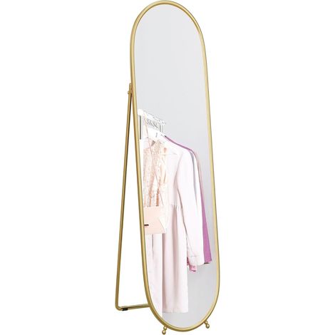 Miroir sur pied ovale de 160 x 40 cm avec cadre en métal, idéal pour le salon ou la chambre. Couleur : or. (1/5)