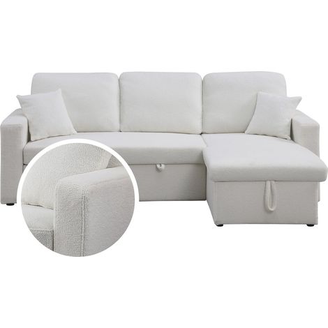 Divano angolare trasformabile/reversibile con cassapanca "Alain" - 3 posti - Bouclettes - Bianco (1/5)