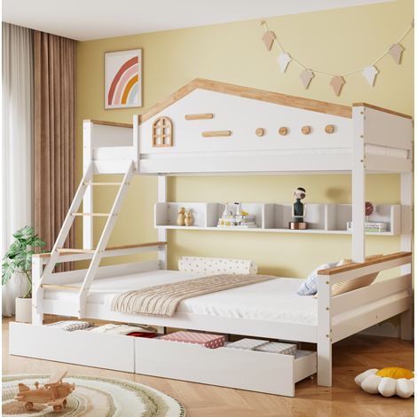 Letto a castello in legno massello e MDF bianco e naturale 90x200 cm e 140x200 cm con cassetti e scaffale (1/5)