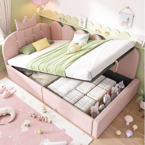 Bett Daybed modern aus Samt Rosa 90x190 cm mit Kopfteil in Kronen-Optik, hydraulischem Stauraum und Lattenrost (1/5)