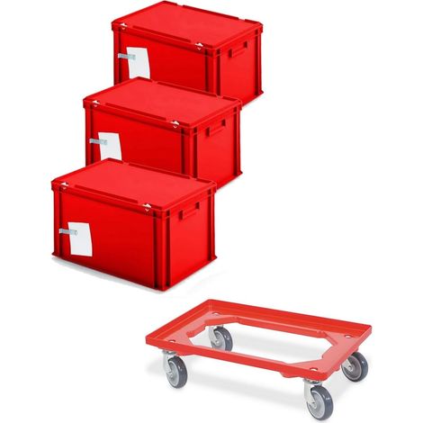 BRB 3x Ordner-Archivboxen für je 7 Ordner (A4, breiter Rücken), inkl. Transportroller (rot)