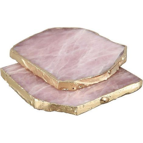 Lot de 2 sous-verres en agate rose, motif décoratif, bords dorés, pierre précieuse naturelle. (1/5)