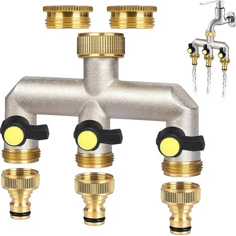FOREHILL Distributeur ,eau 3 voies pour robinet 3/4. en laiton avec 2 raccords de robinet de 3/4. vers 1/2. pour maison, cour, machine à laver, tuyaux ,arrosage (1/5)