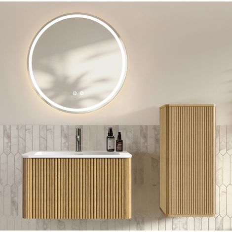 Mueble de baño con lavabo y espejo LED, conjunto suspendido 80 cm, roble HAVRYA (1/5)