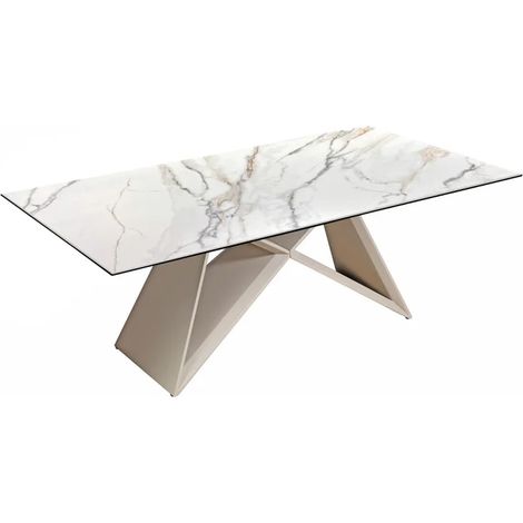 Table basse 110 cm céramique blanc marbré pied métal beige - ISAURE