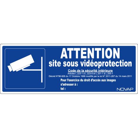 Panneau bleu Attention site sous vidéoprotection avec pictogramme - Rigide 330x120mm - 4141114