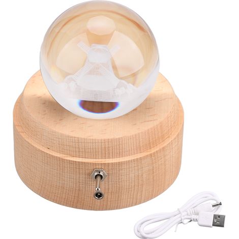 Boule musicale 3D en cristal avec base en bois rotative, lampe de nuit colorée, petit cadeau pour filles et femmes, moulin à vent (1/5)