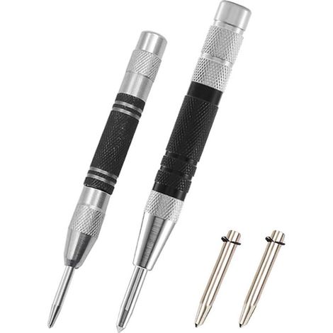 Poinçon automatique en 2 pièces- utilisation à une main- en acier- avec 2 poinçons de rechange- outil de positionnement pour métal- verre et bois (B) (1/5)