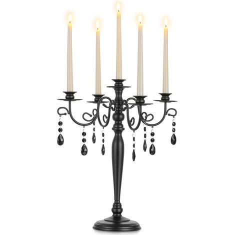 Chandelier Bougeoir à 5 Branches, Noir, avec Pendentifs en Cristal (1/5)