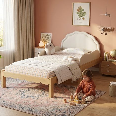 Kinder-Einzelbett 90x200 cm mit Rausfallschutz und PU-Kopfteil, Massivholzgestell mit Lattenrost, Beige und Naturholz (1/5)