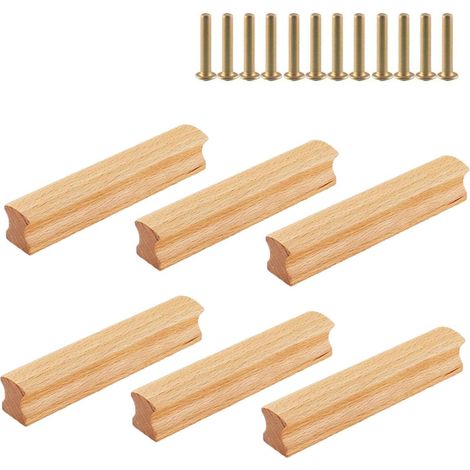 Poignée Meuble Bois, 6 Pièces Poignées de Meubles en Bois Massif avec 12 Vis, Espacement des Trous 64 mm, Poignet Armoire, pour Armoire, Bureau, Table Basse (1/5)