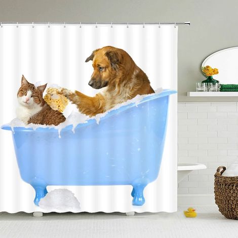 Rideau de douche amusant avec crochets, imperméable, motif chat et chien 3D, 180 x 240 cm, personnalisable et créatif.