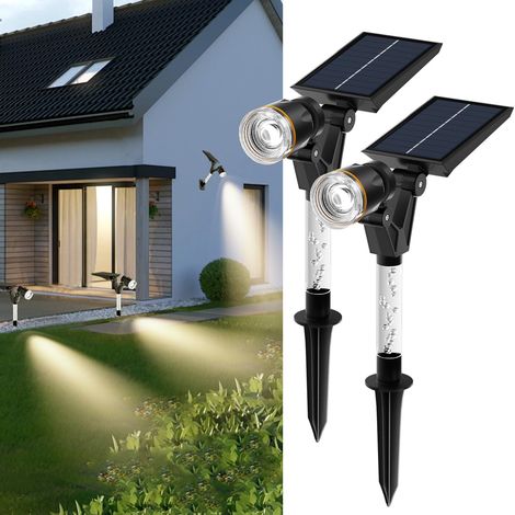 Lot de 2 spots solaires pour jardin, jardin, 6 000 K, lampes solaires d'extérieur étanches, à intensité variable pour extérieur, éclairage de paysage pour allée, patio (1/5)