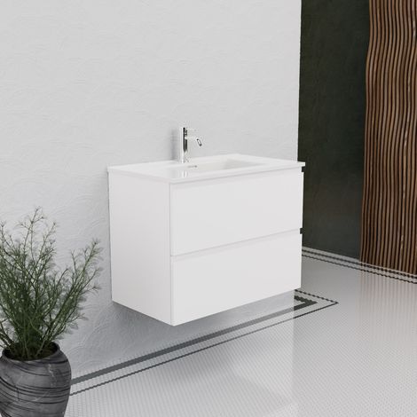 Inda - Badezimmerschrank B.80 mit glänzend/mattweißem Waschbecken 2 Schubladen - Rubin (1/5)