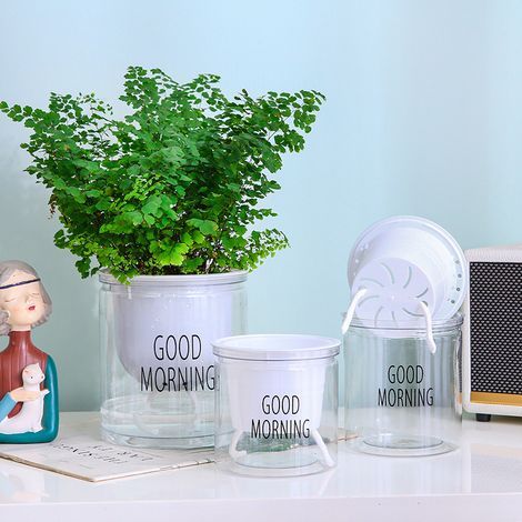 Jardinière transparente à auto-arrosage « Lazy » — Pot de bureau minimaliste de style nordique (N° 100 : Diamètre extérieur 11 cm x Hauteur 10 cm) (1/4)
