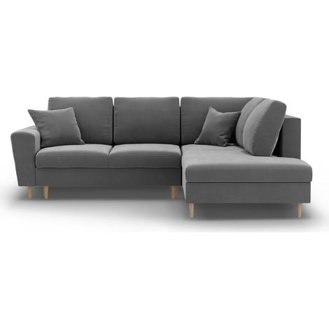 Canapé-lit d'angle droit + box 5 places en velours gris clair (1/5)