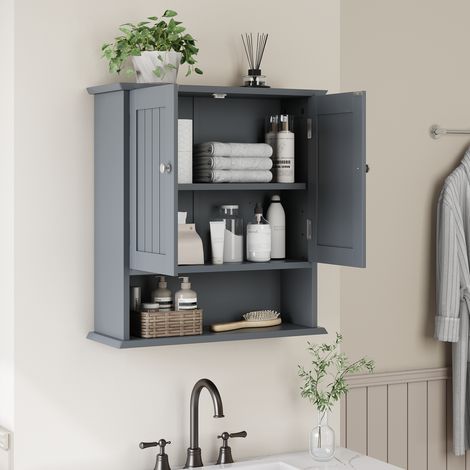 Mueble de baño mural con 2 puertas y estantes abiertos, MDF gris claro HAVRYA (1/5)