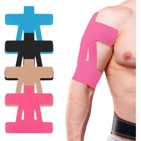 Lot de 12 bandes de kinésiologie prédécoupées pour l'épaule : soutien et stabilité, imperméables et respirantes (couleur chair + bleu + noir + rose rouge). (1/4)
