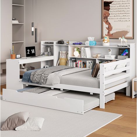 Lit 90x200 avec lit gigogne et rangements, bois HAVRYA (1/5)