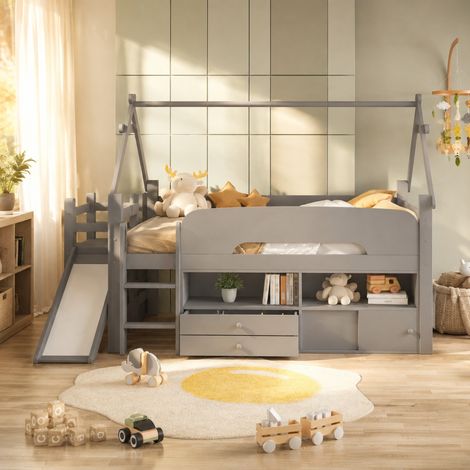 Cama alta infantil 90x200 cm gris de madera maciza y MDF con tobogán, almacenaje y barreras (1/5)