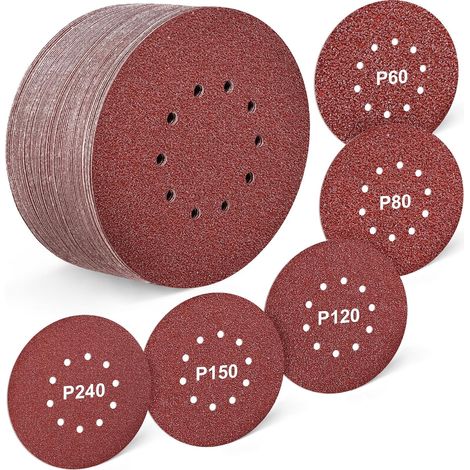 50 Pièces Disques Abrasifs 225 mm 10 Trous pour Ponceuse Girafe - Auto-Agrippants Assortiment de Grains P60-240 Papier Abrasif de Verre pour Cloisons Sèches, Plâtre, Enduit et Bois (1/5)