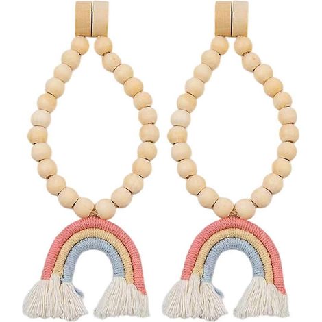 Lot de 2 embrasses de rideaux en perles, avec pompons arc-en-ciel et perles de bois. Style ferme. (1/5)