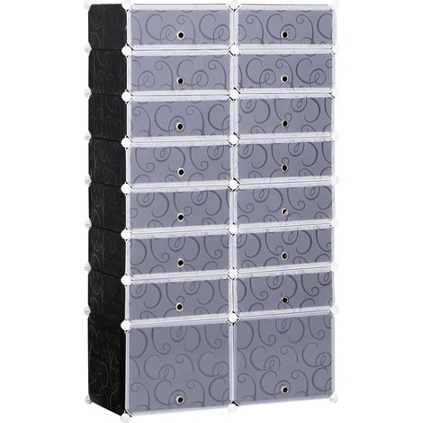Armoire à Chaussures Modulable Range Chaussures L 95 x l 37 x H 160 cm 14 Cubes rectangulaires et 2 Grands Cubes Noir et Blanc en plastique (1/5)